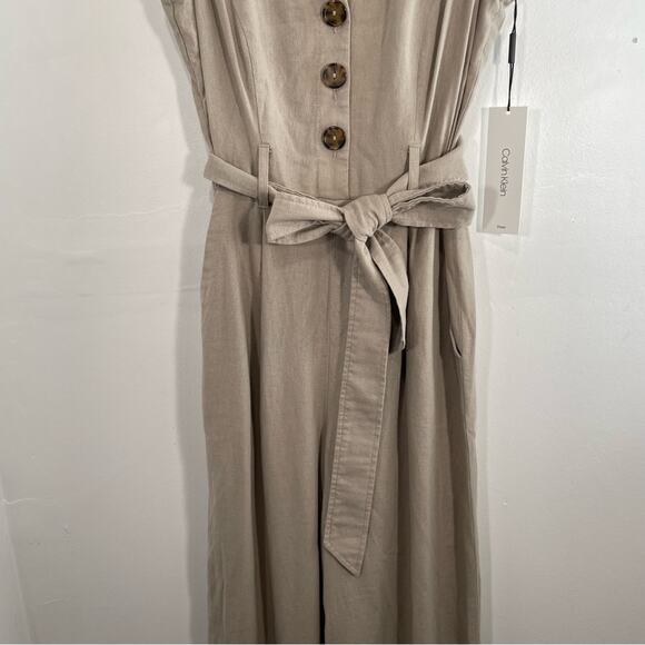 NWT Calvin Klein Khaki Linen Blend Wide Leg Button Front Sleeveless Jumpsuit 2 - Picture 3 of 15